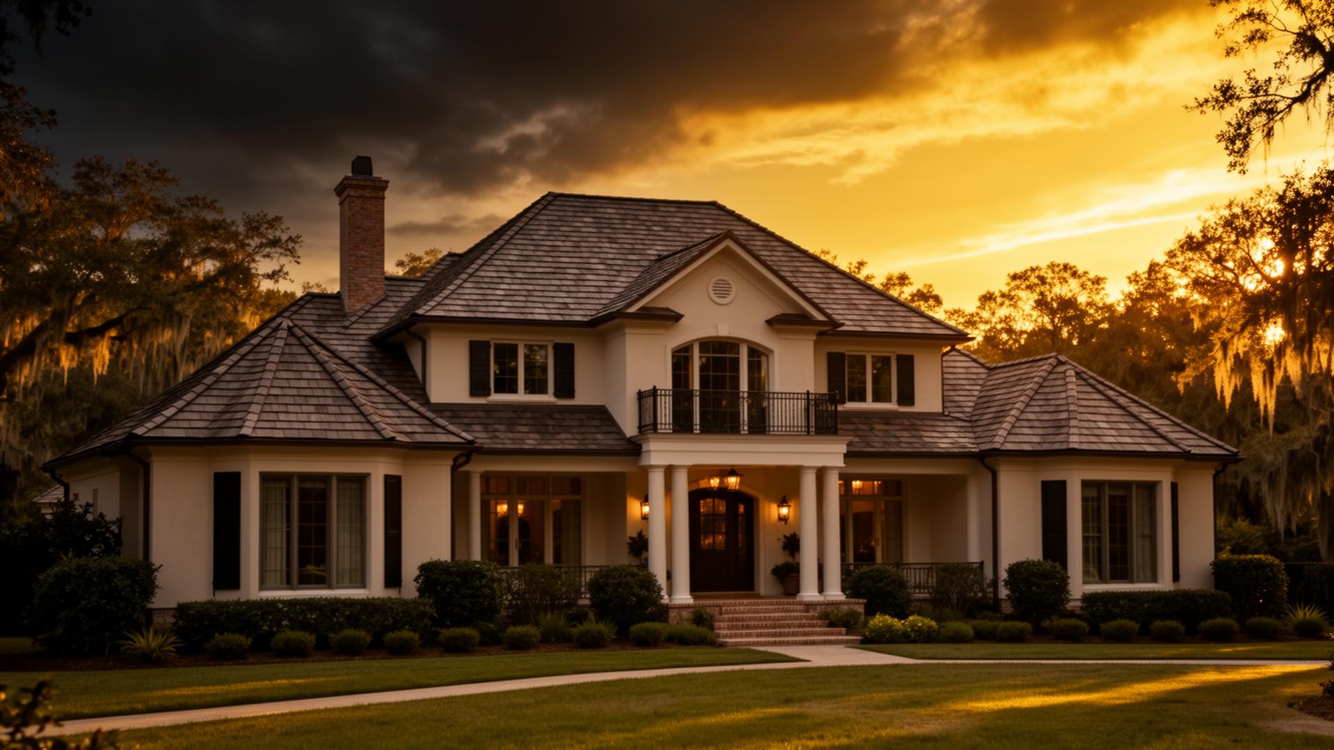 Luxury Southeast Georgia home at golden hour with perfectly installed roof